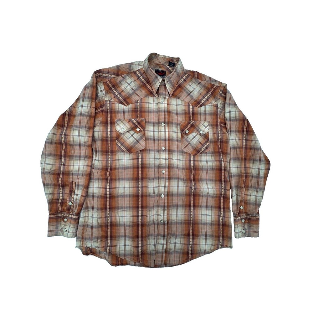 Roper Men's XL Brown Tan Cream Plaid Long Sleeve Woven Button-Up Shirt Pockets